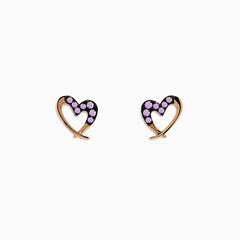 A pair of 14K rose gold multi sapphire heart earrings are shown on a white background.