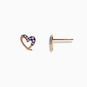 A pair of 14K rose gold multi sapphire heart earrings are shown on a white background.