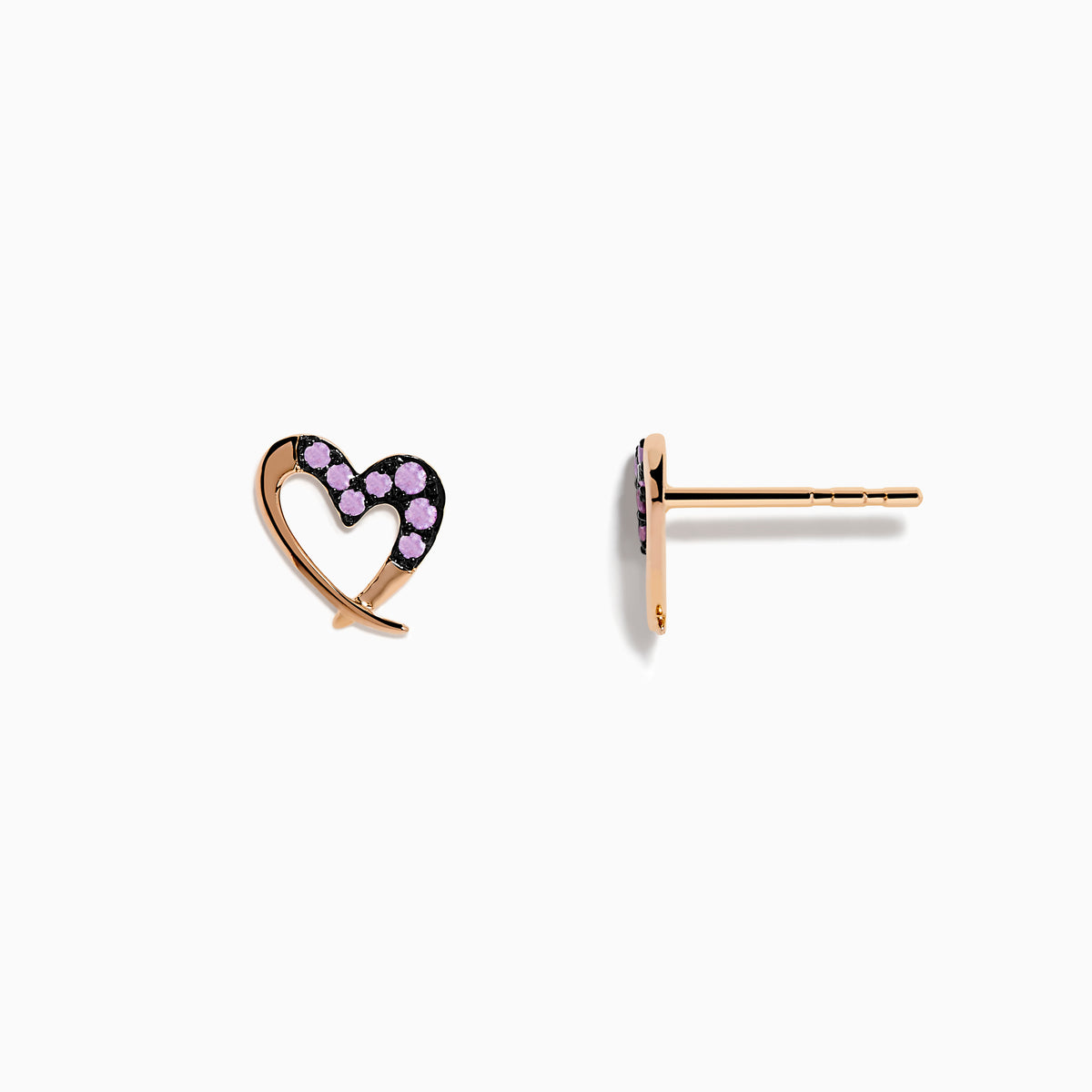 A pair of 14K rose gold multi sapphire heart earrings are shown on a white background.