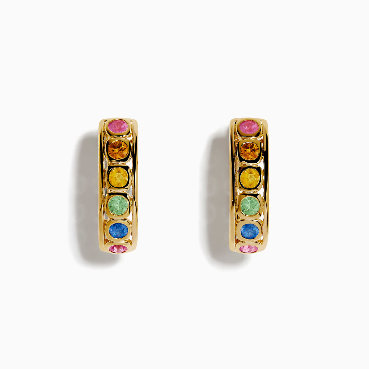 The Watercolors 14K Yellow Gold Multi Color Sapphire Bezel Hoop Earrings each feature six vibrant sapphires in a rainbow pattern, set in yellow gold and shown on a white background.