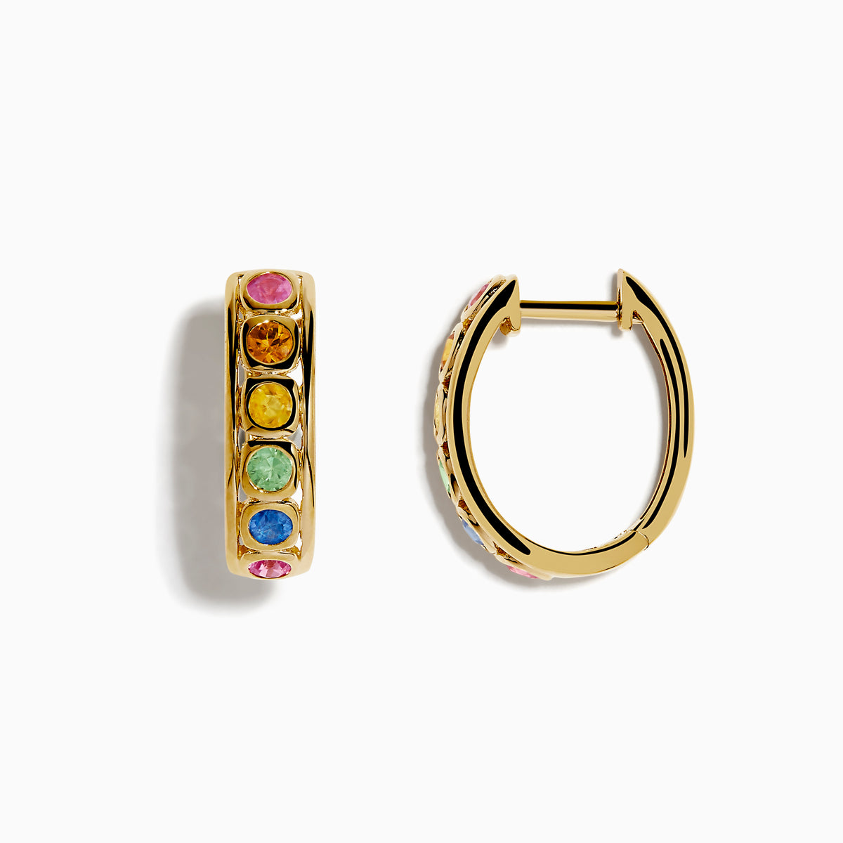 The Watercolors 14K Yellow Gold Multi Color Sapphire Bezel Hoop Earrings each feature six vibrant sapphires in a rainbow pattern, set in yellow gold and shown on a white background.