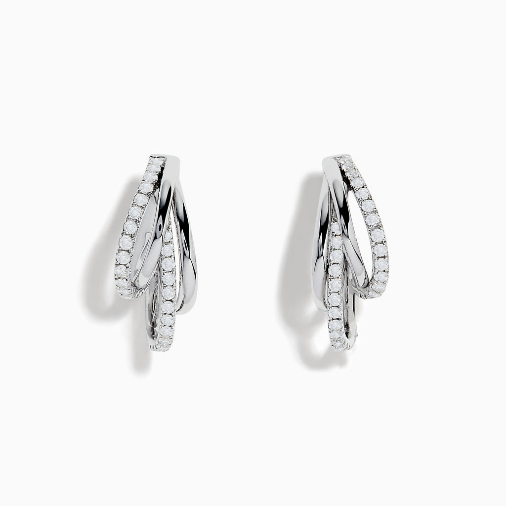 The Pave Classica 14K White Gold Half Hoop Diamond Earrings feature three interlocking loops, each accented with sparkling diamonds, and are displayed against a plain white background.