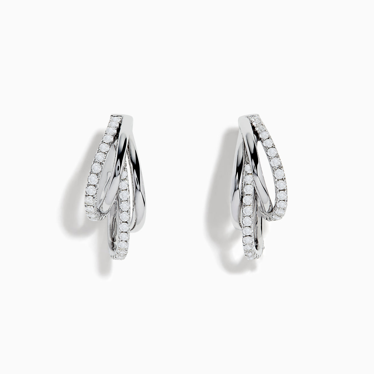 The Pave Classica 14K White Gold Half Hoop Diamond Earrings feature three interlocking loops, each accented with sparkling diamonds, and are displayed against a plain white background.