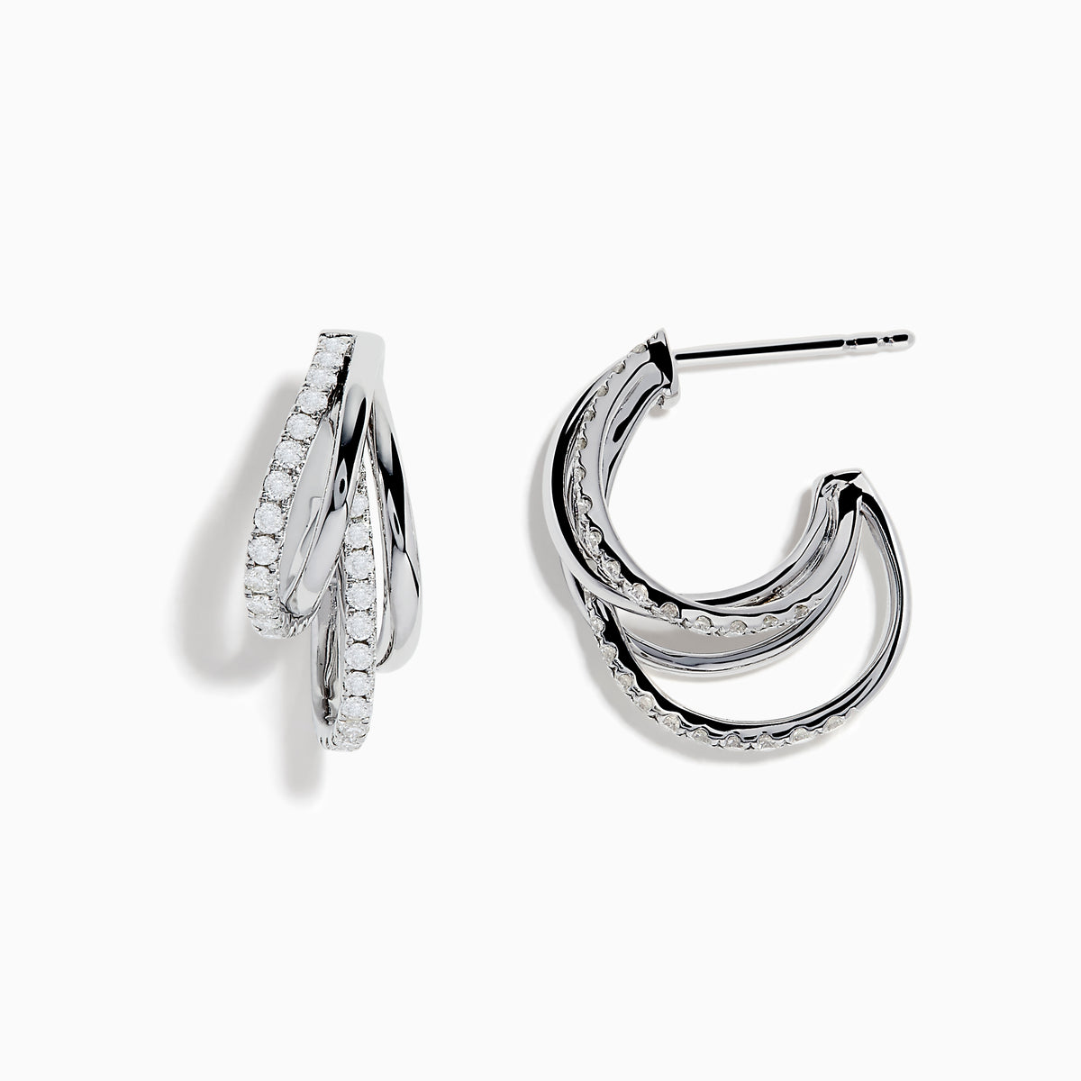 The Pave Classica 14K White Gold Half Hoop Diamond Earrings feature three interlocking loops, each accented with sparkling diamonds, and are displayed against a plain white background.
