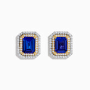 Nahla Siri 14K Two Tone Gold Tanzanite and Diamond Earrings feature rectangular, emerald-cut tanzanites framed by double halos of round diamonds in white metal and gold.