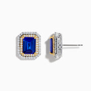 Nahla Siri 14K Two Tone Gold Tanzanite and Diamond Earrings feature rectangular, emerald-cut tanzanites framed by double halos of round diamonds in white metal and gold.