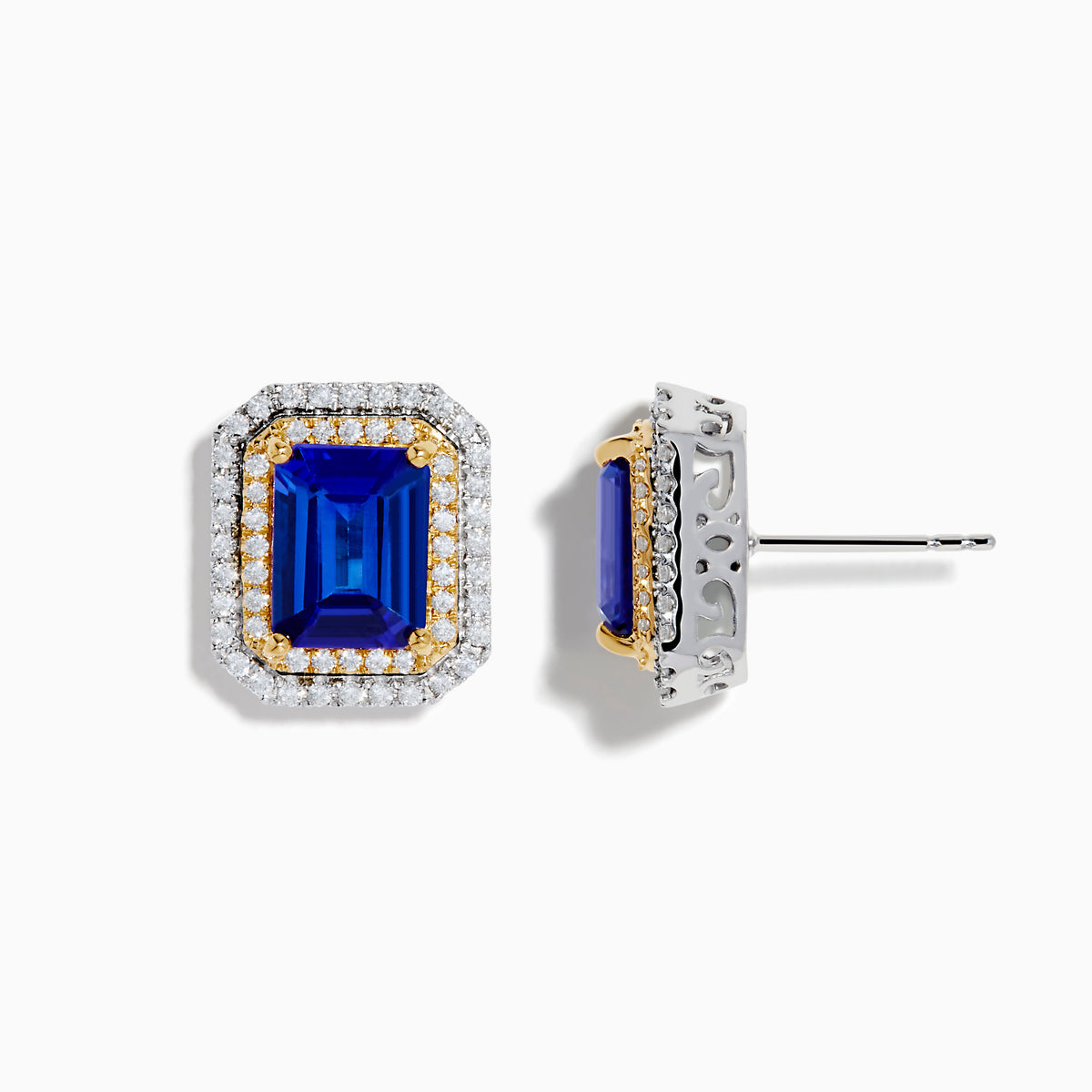 Nahla Siri 14K Two Tone Gold Tanzanite and Diamond Earrings feature rectangular, emerald-cut tanzanites framed by double halos of round diamonds in white metal and gold.