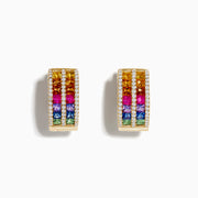 The 14K Yellow Gold Multi Color Sapphire and Diamond Hoop Earrings feature small diamonds framing vibrant sapphires in yellow, orange, red, purple, blue, and green, all set in 14K yellow gold against a white background.