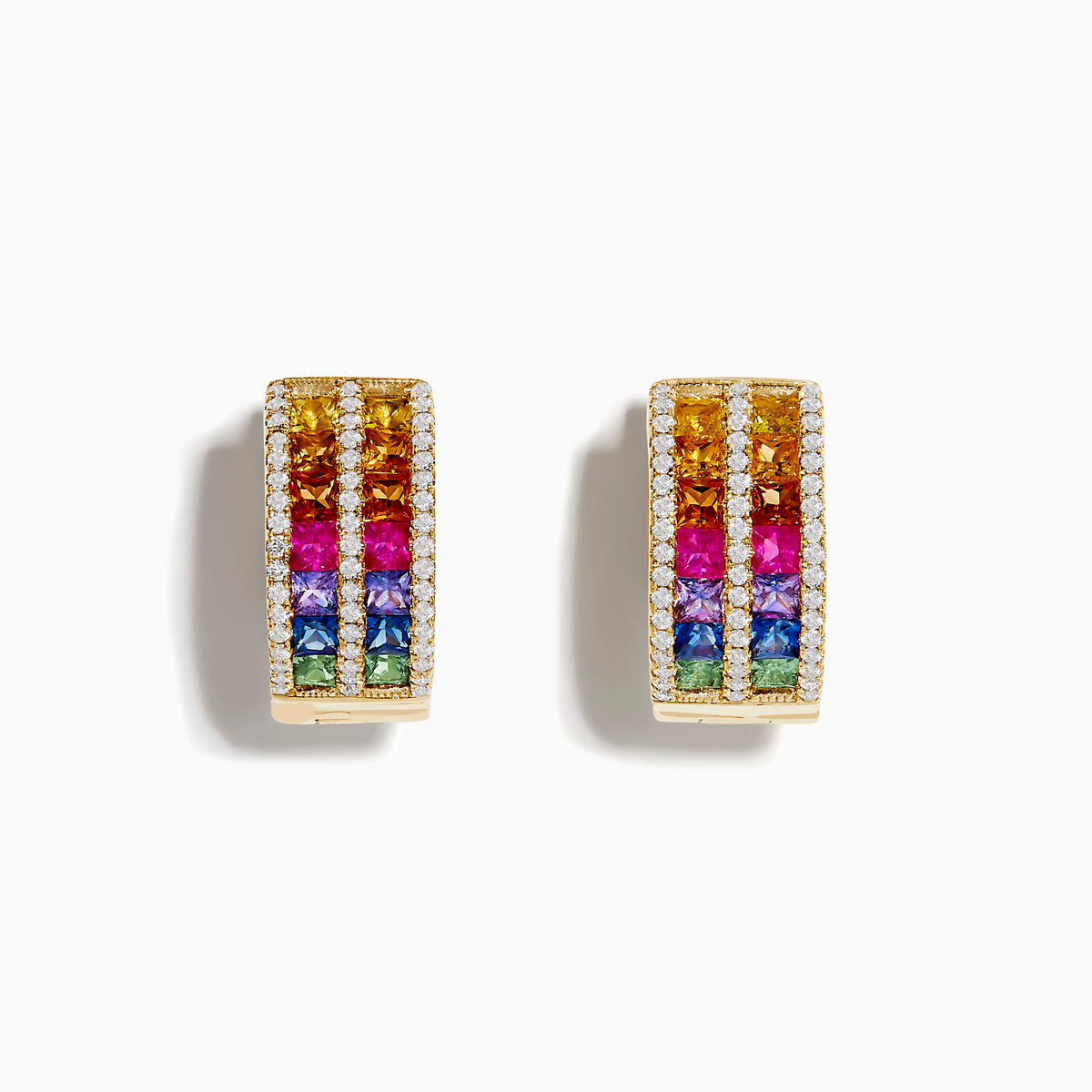 The 14K Yellow Gold Multi Color Sapphire and Diamond Hoop Earrings feature small diamonds framing vibrant sapphires in yellow, orange, red, purple, blue, and green, all set in 14K yellow gold against a white background.
