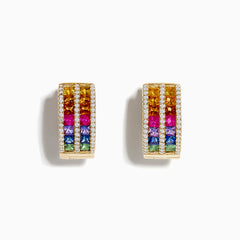 The 14K Yellow Gold Multi Color Sapphire and Diamond Hoop Earrings feature small diamonds framing vibrant sapphires in yellow, orange, red, purple, blue, and green, all set in 14K yellow gold against a white background.