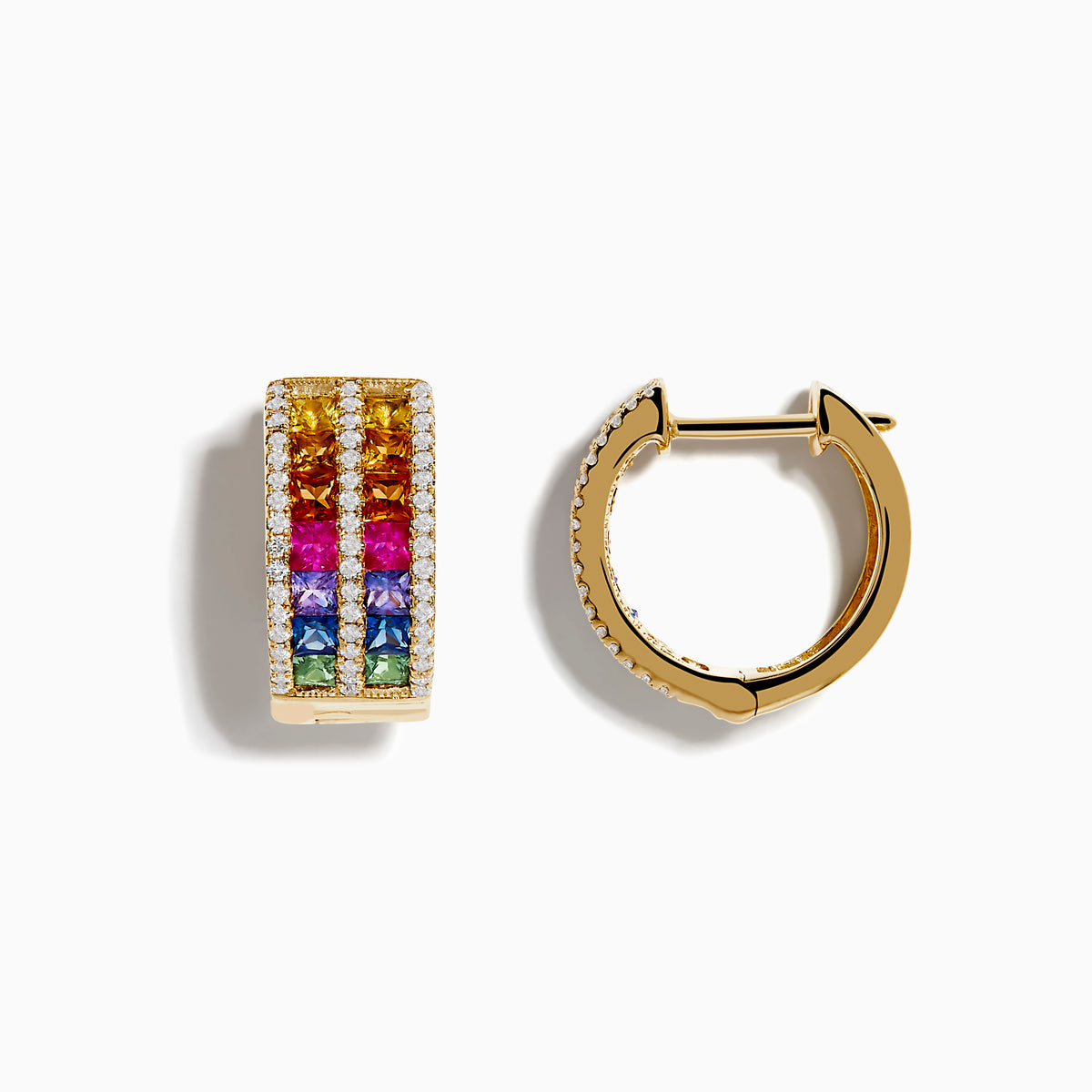The 14K Yellow Gold Multi Color Sapphire and Diamond Hoop Earrings feature small diamonds framing vibrant sapphires in yellow, orange, red, purple, blue, and green, all set in 14K yellow gold against a white background.