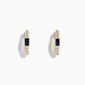 The Royal Bleu 14K Yellow Gold Sapphire and Diamond Earrings feature small clear stones and a central rectangular sapphire, shown on a white background.