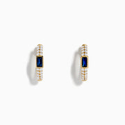 The Royal Bleu 14K Yellow Gold Sapphire and Diamond Earrings feature small clear stones and a central rectangular sapphire, shown on a white background.