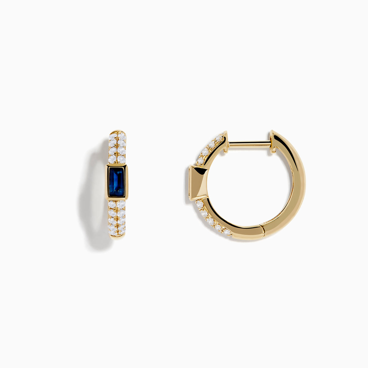 The Royal Bleu 14K Yellow Gold Sapphire and Diamond Earrings feature small clear stones and a central rectangular sapphire, shown on a white background.