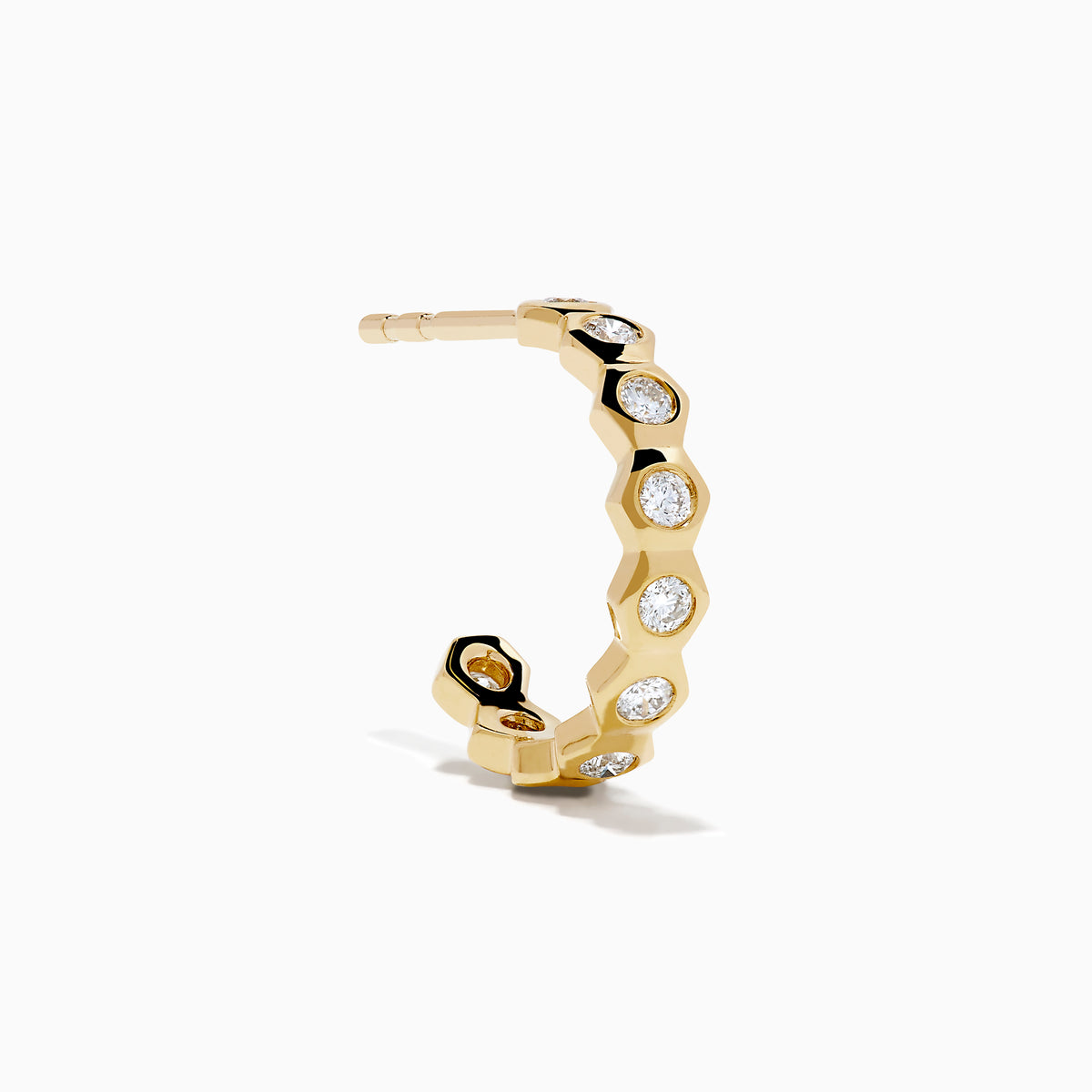D'Oro 14K Yellow Gold Bezel Set Diamond Mini Hoop Earrings feature round diamonds in bezel settings along the front, alternating with gold, shown on a white background.