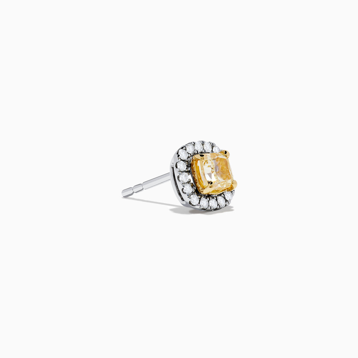 The Canare 18K Two Tone Gold Yellow Cushion Yellow and White Diamond Stud Earrings feature cushion cut yellow diamonds, each encircled by a halo of small round white stones, displayed on a plain white background.