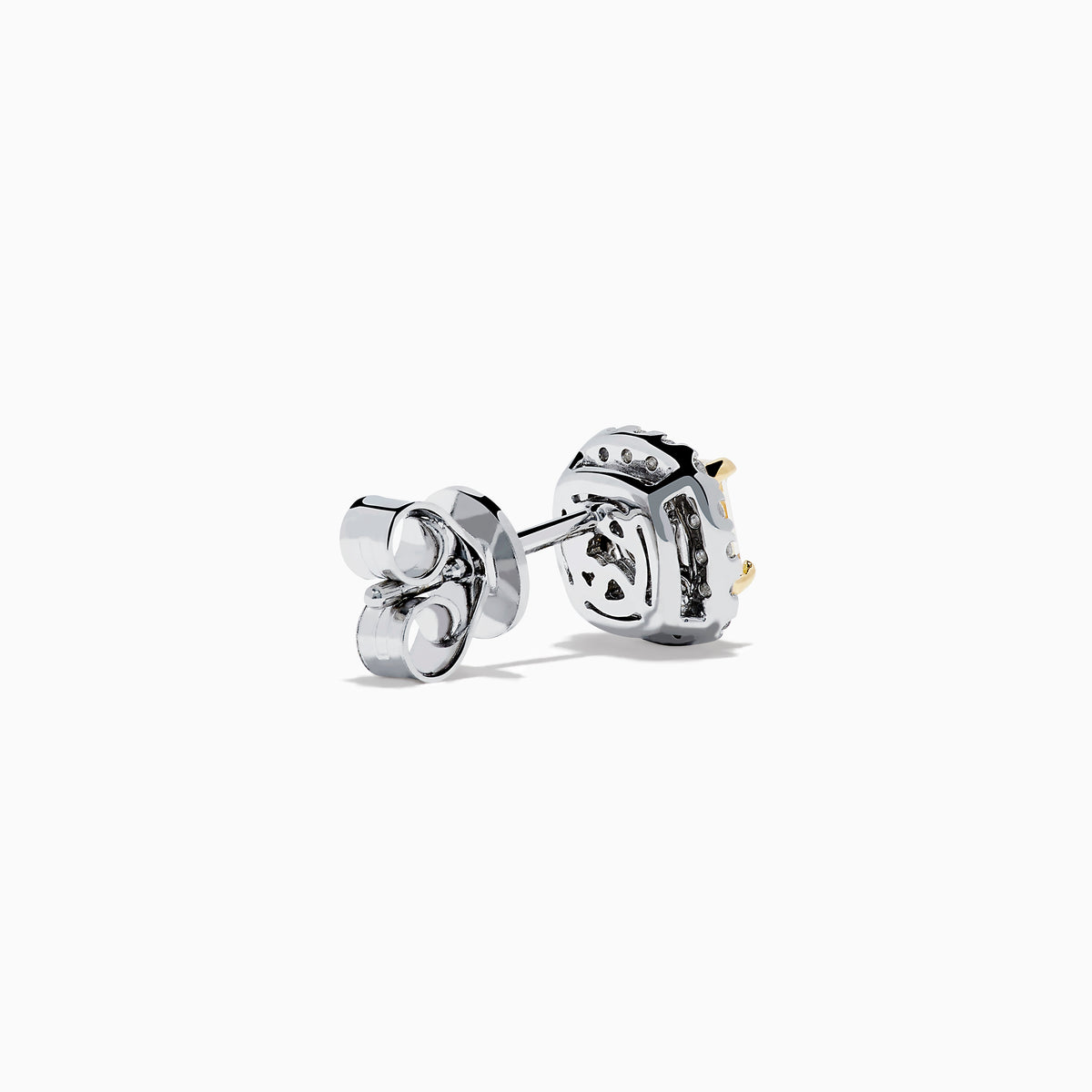 The Canare 18K Two Tone Gold Yellow Cushion Yellow and White Diamond Stud Earrings feature cushion cut yellow diamonds, each encircled by a halo of small round white stones, displayed on a plain white background.