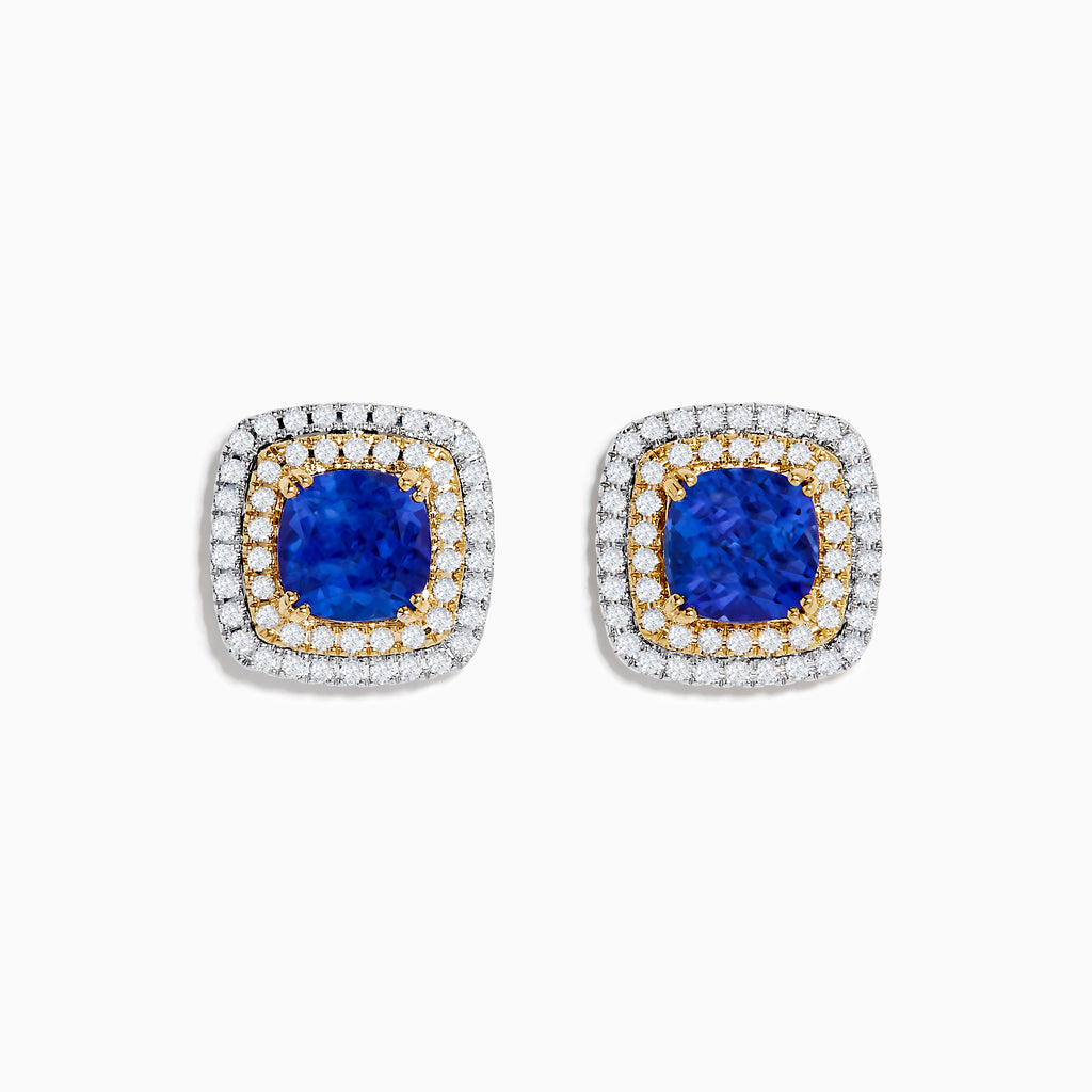 The Nahla Siri 14K White & Yellow Gold Tanzanite and Diamond Stud Earrings feature a large central blue tanzanite accented by rows of white and yellow diamonds, all set in luxurious white and yellow gold.