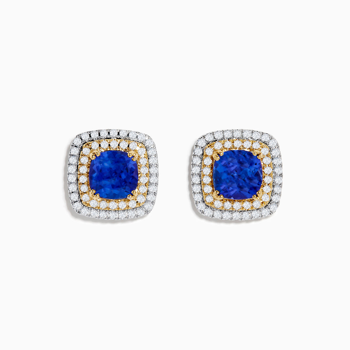 The Nahla Siri 14K White & Yellow Gold Tanzanite and Diamond Stud Earrings feature a large central blue tanzanite accented by rows of white and yellow diamonds, all set in luxurious white and yellow gold.