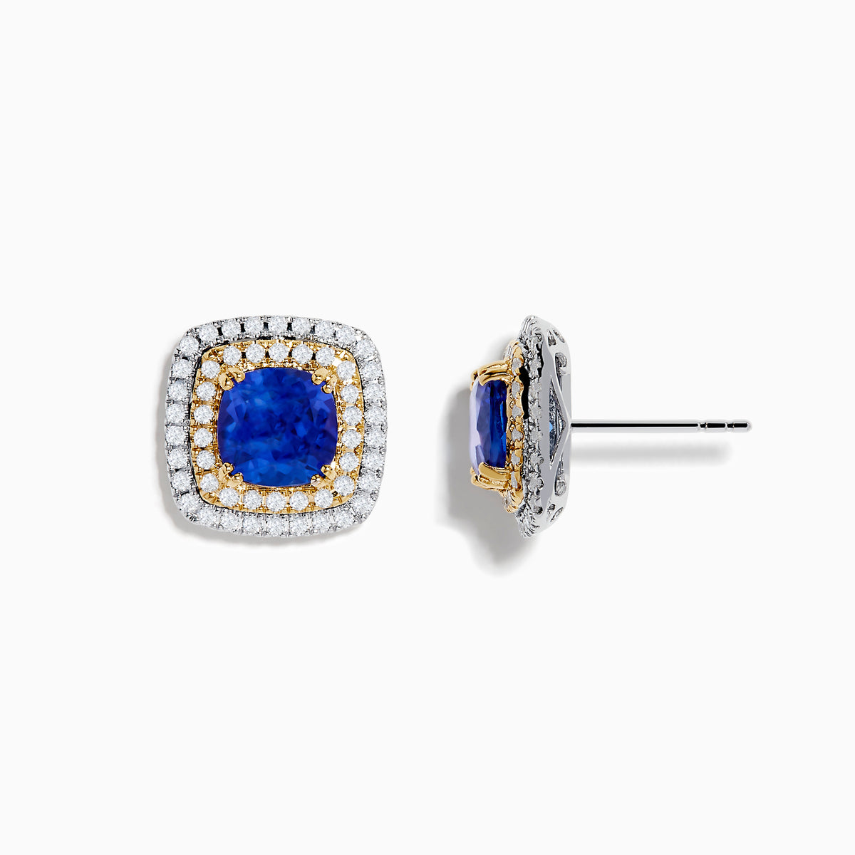 The Nahla Siri 14K White & Yellow Gold Tanzanite and Diamond Stud Earrings feature a large central blue tanzanite accented by rows of white and yellow diamonds, all set in luxurious white and yellow gold.