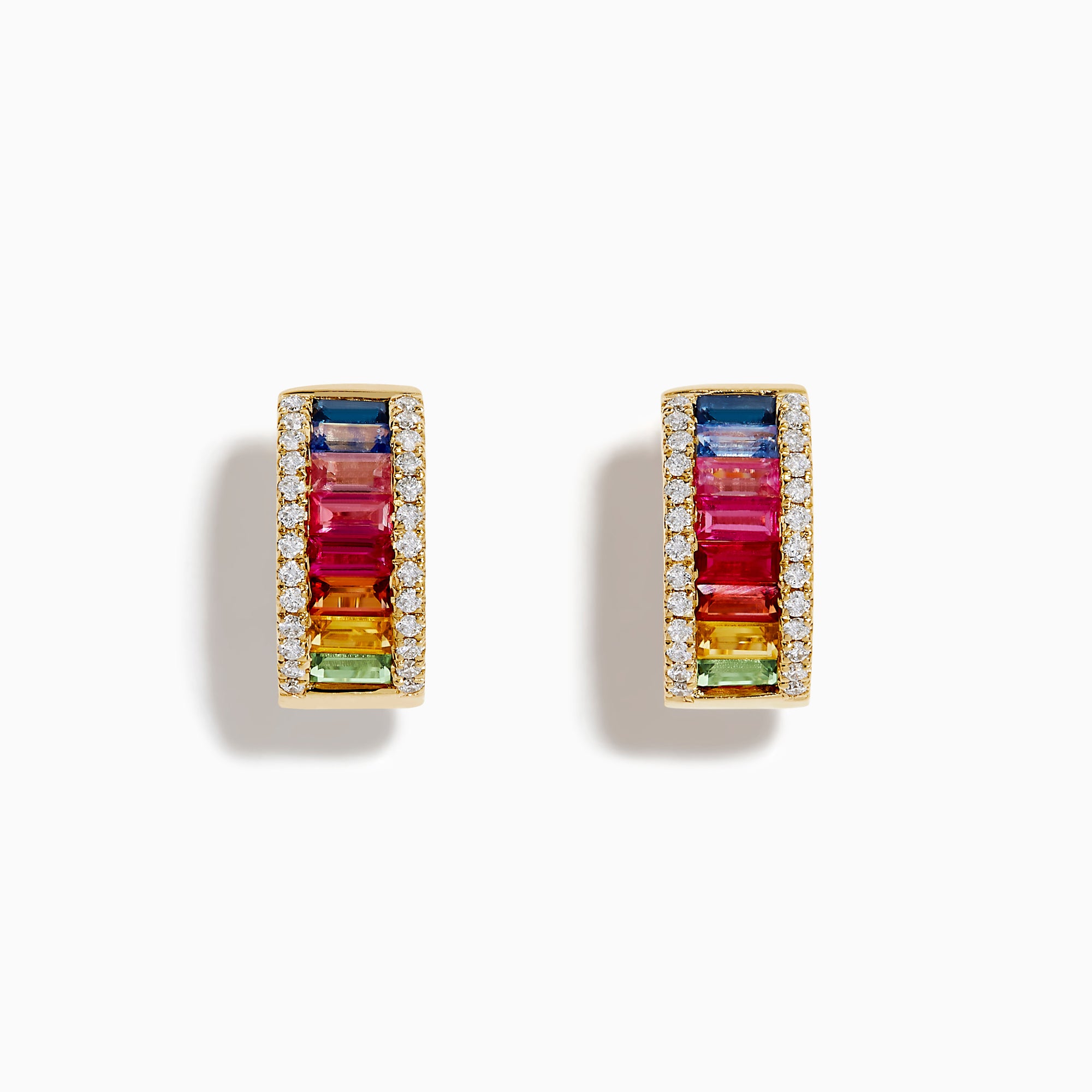 Watercolors 14K yellow gold small hoop earrings featuring vertical rows of multicolored sapphires bordered by sparkling diamonds, shown on a white background.