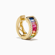 Watercolors 14K yellow gold small hoop earrings featuring vertical rows of multicolored sapphires bordered by sparkling diamonds, shown on a white background.