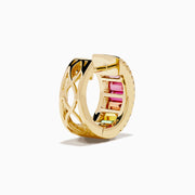 Watercolors 14K yellow gold small hoop earrings featuring vertical rows of multicolored sapphires bordered by sparkling diamonds, shown on a white background.