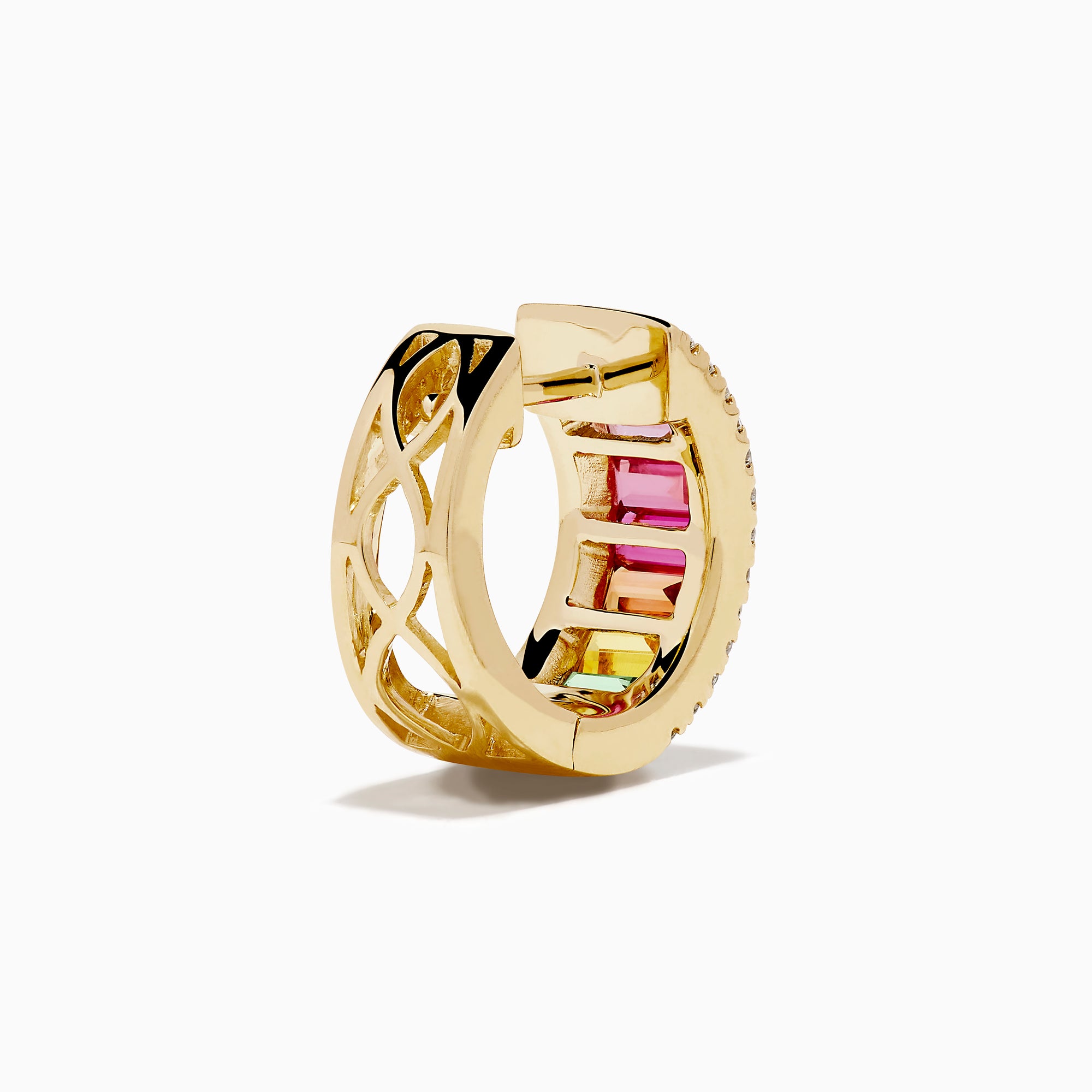Watercolors 14K yellow gold small hoop earrings featuring vertical rows of multicolored sapphires bordered by sparkling diamonds, shown on a white background.