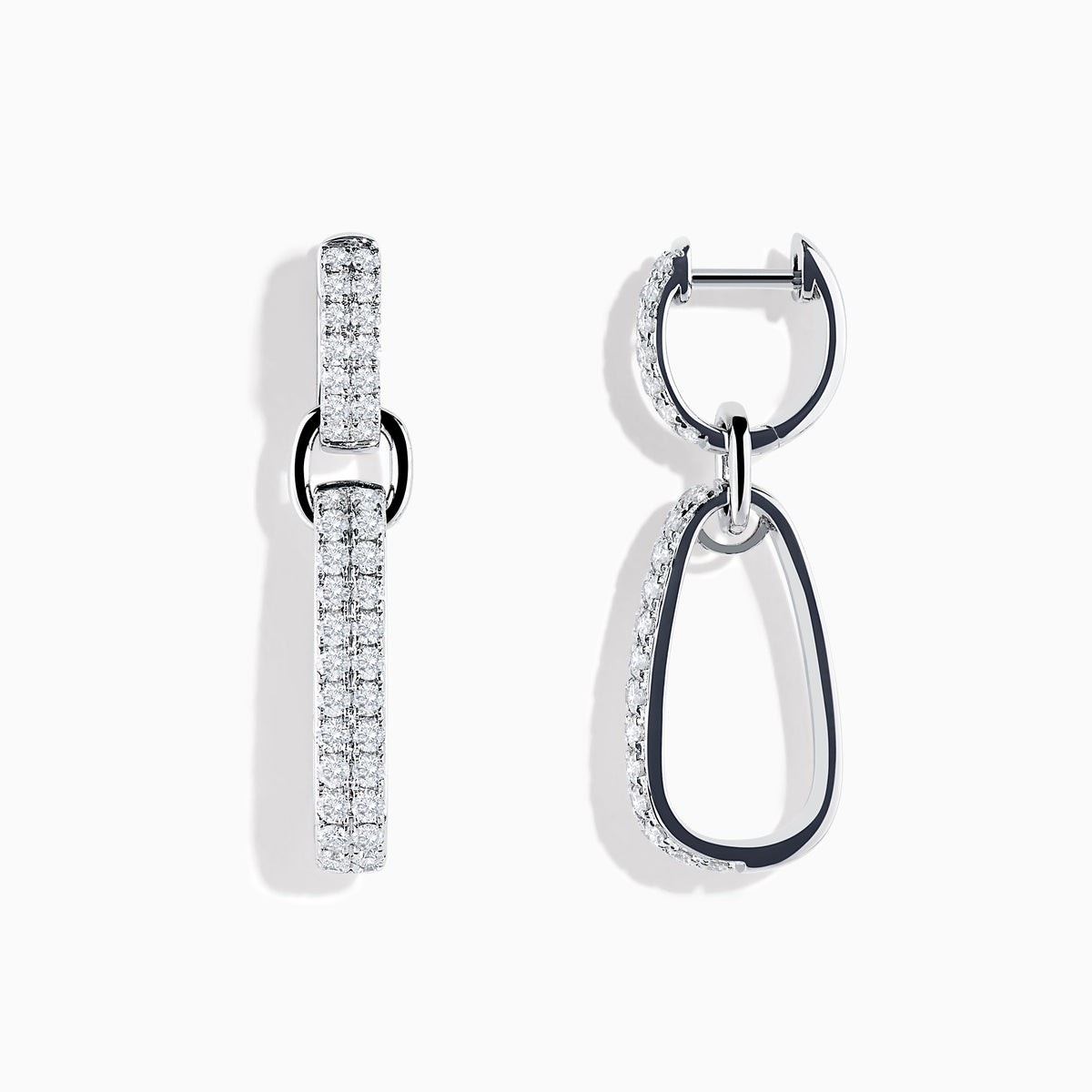 The Pave 14K White Gold Diamond Interlocking Hoop Earrings include one straight, diamond-encrusted bar and one open, asymmetrical, diamond-lined hoop, creating a modern mismatched look against a white background.