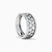 Discover the 14K White Gold Diamond Miracle Setting Pave Hoop Earrings, designed with three rows of round clear diamonds in a stunning miracle setting, beautifully crafted in white gold and showcased on a plain white background.