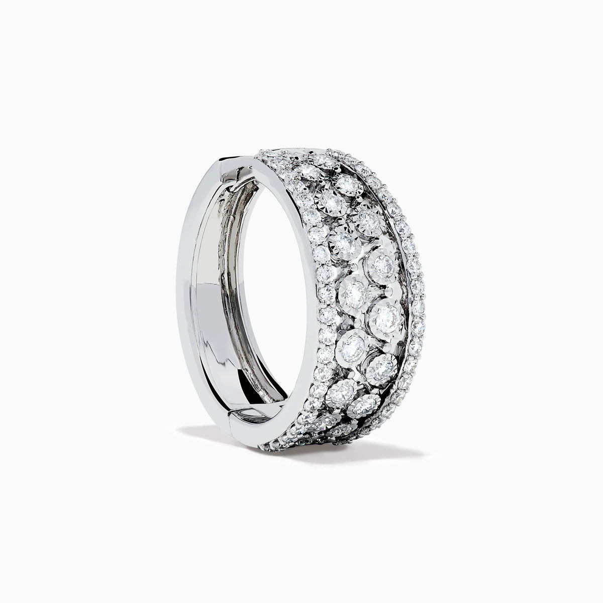 Discover the 14K White Gold Diamond Miracle Setting Pave Hoop Earrings, designed with three rows of round clear diamonds in a stunning miracle setting, beautifully crafted in white gold and showcased on a plain white background.