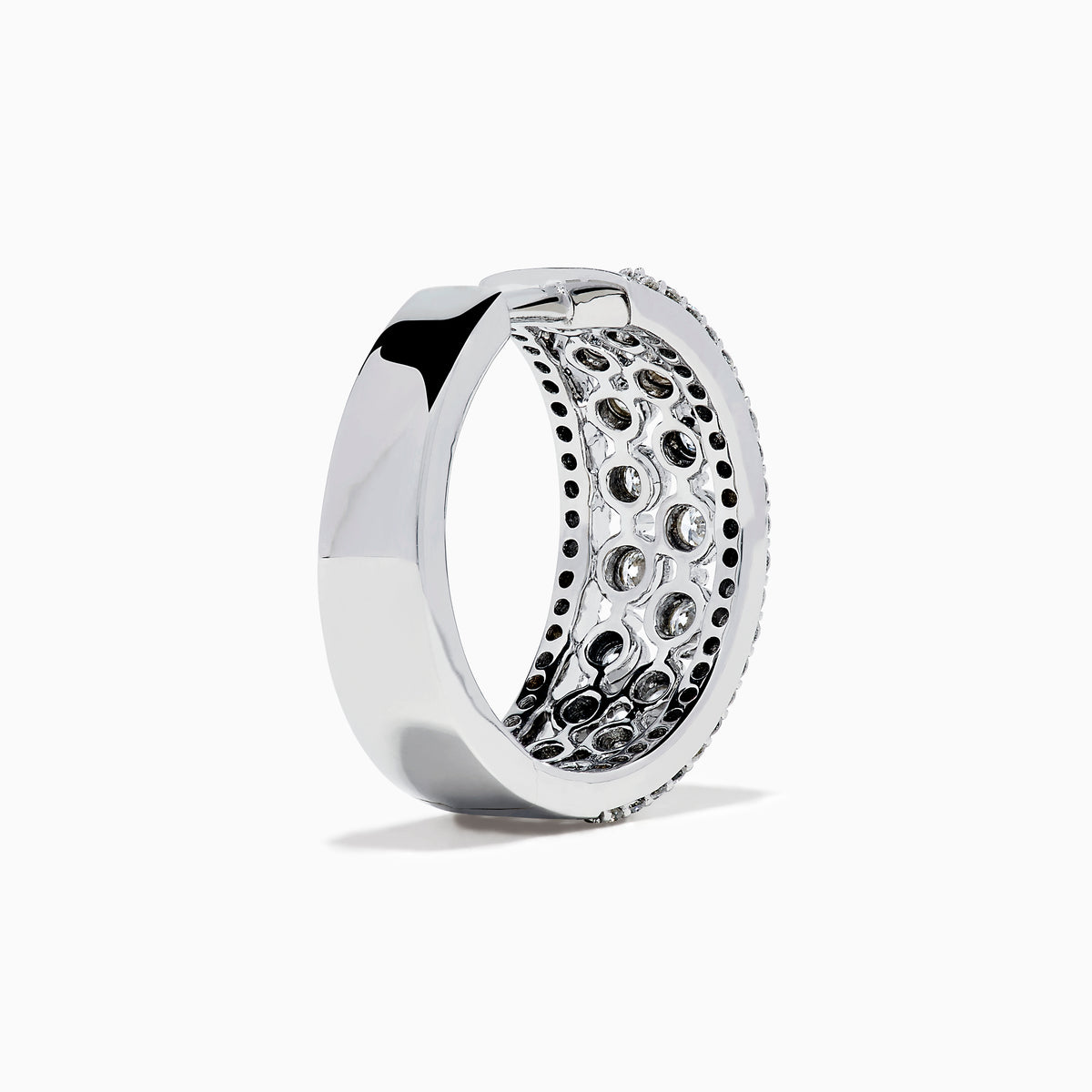Discover the 14K White Gold Diamond Miracle Setting Pave Hoop Earrings, designed with three rows of round clear diamonds in a stunning miracle setting, beautifully crafted in white gold and showcased on a plain white background.