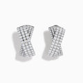 A pair of 14K white gold diamond pave crossover chunky hoop earrings, featuring an X-shaped design encrusted with multiple rows of sparkling diamonds, displayed on a plain white background.