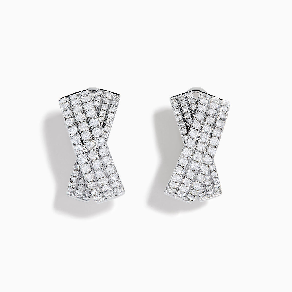 A pair of 14K white gold diamond pave crossover chunky hoop earrings, featuring an X-shaped design encrusted with multiple rows of sparkling diamonds, displayed on a plain white background.