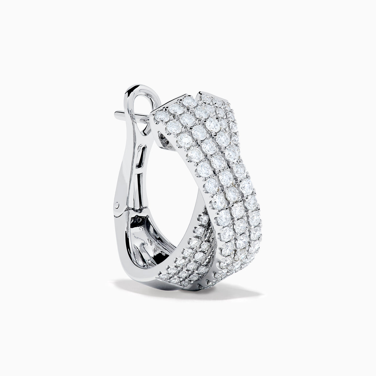 A pair of 14K white gold diamond pave crossover chunky hoop earrings, featuring an X-shaped design encrusted with multiple rows of sparkling diamonds, displayed on a plain white background.