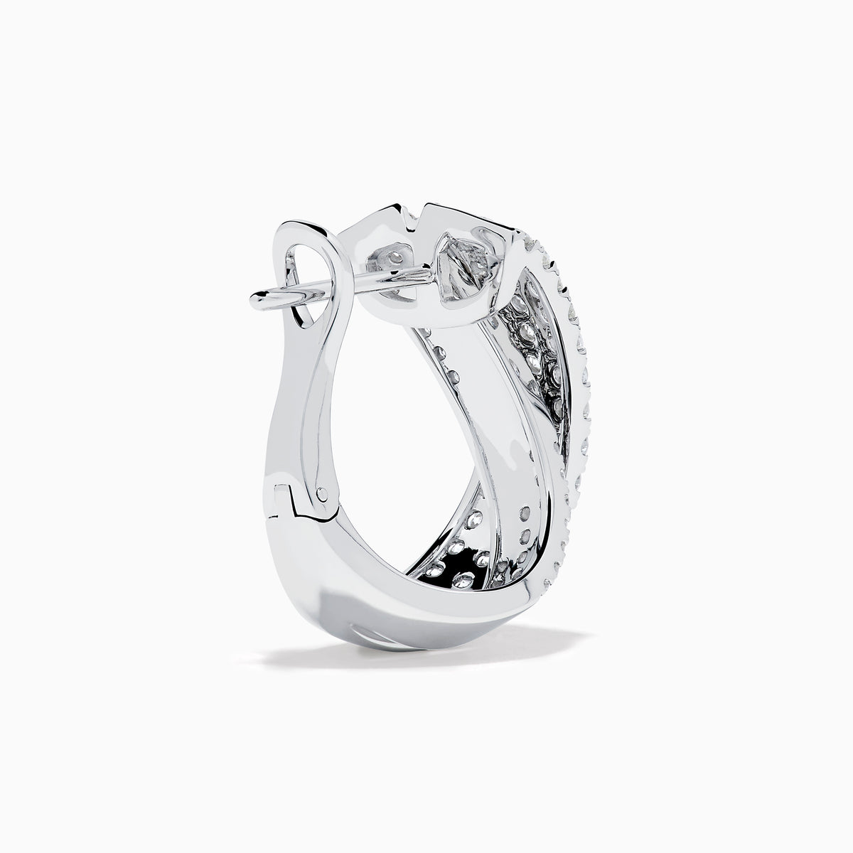 A pair of 14K white gold diamond pave crossover chunky hoop earrings, featuring an X-shaped design encrusted with multiple rows of sparkling diamonds, displayed on a plain white background.