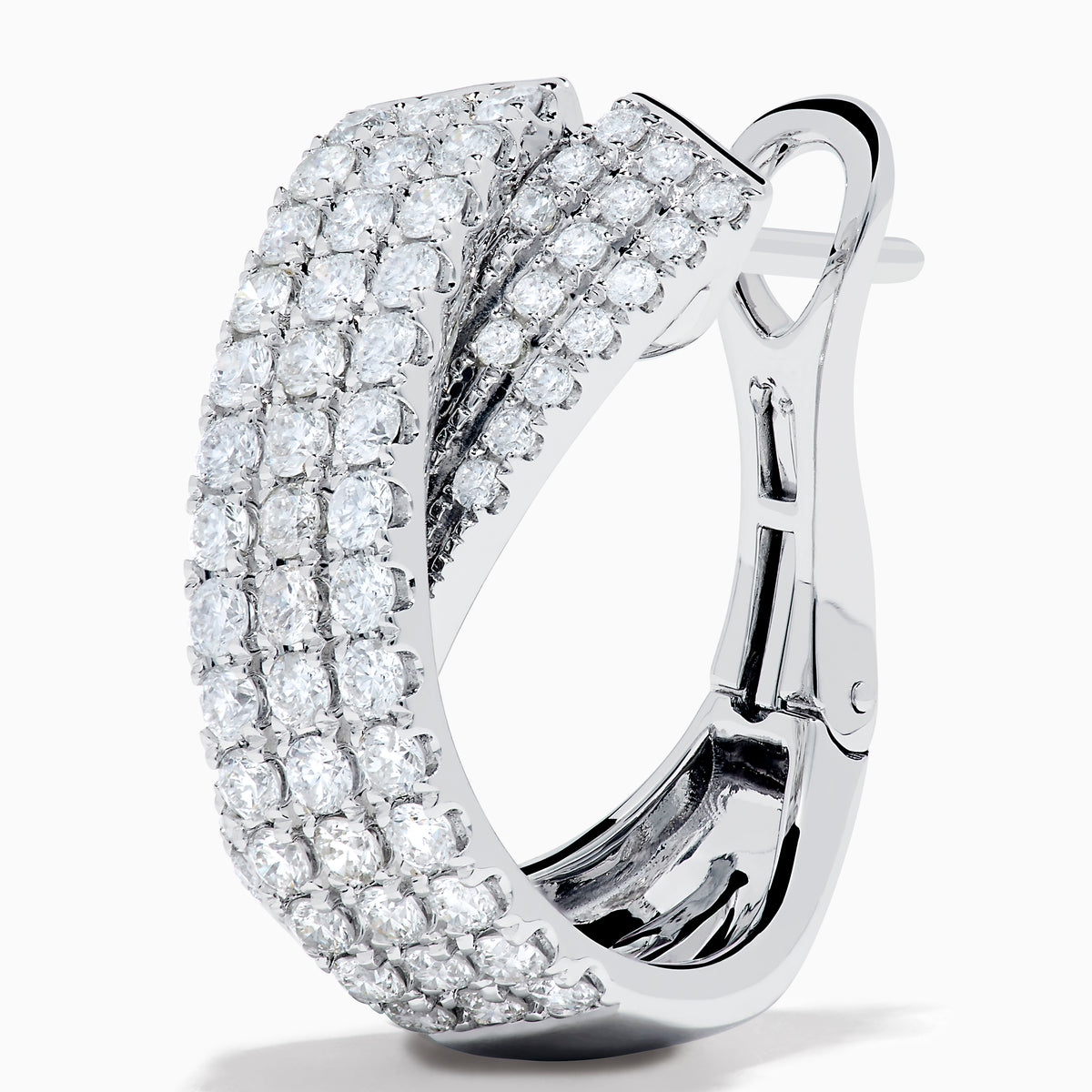 A pair of 14K white gold diamond pave crossover chunky hoop earrings, featuring an X-shaped design encrusted with multiple rows of sparkling diamonds, displayed on a plain white background.