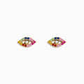 The 14K Yellow Gold Multi Color Sapphire and Diamond Evil Eye Earrings feature an open eye design with sapphire accents and a central diamond, all set against a white background.