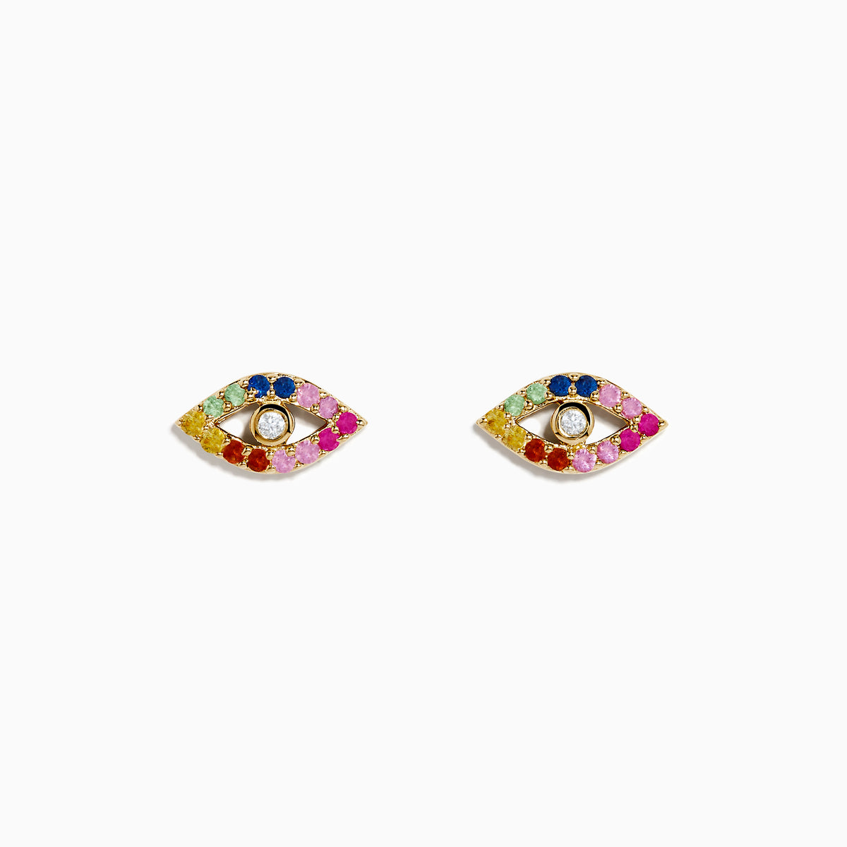 The 14K Yellow Gold Multi Color Sapphire and Diamond Evil Eye Earrings feature an open eye design with sapphire accents and a central diamond, all set against a white background.