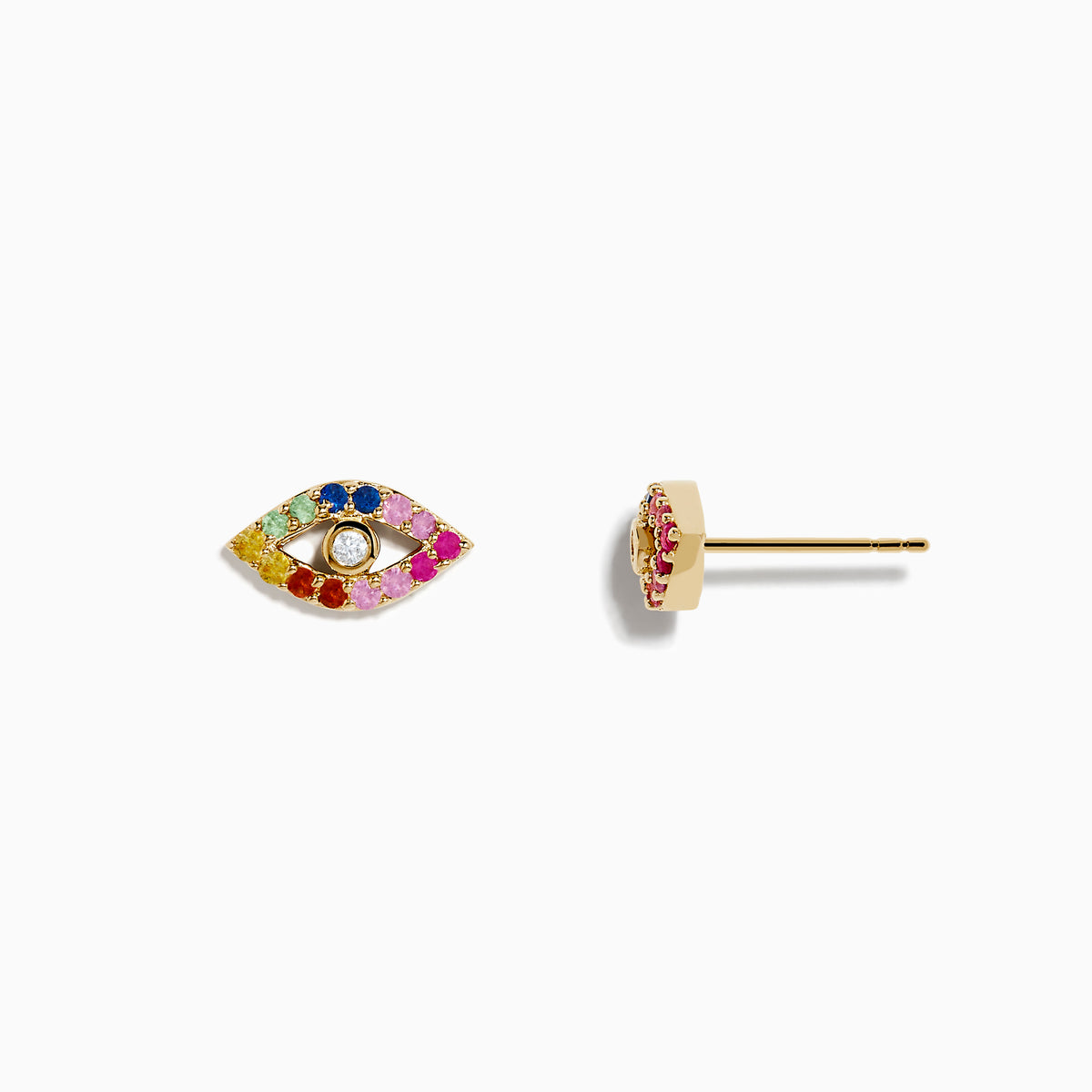 The 14K Yellow Gold Multi Color Sapphire and Diamond Evil Eye Earrings feature an open eye design with sapphire accents and a central diamond, all set against a white background.