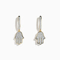 The Novelty 14K Yellow Gold Diamond Hamsa Earrings feature hoops with diamond-encrusted Hamsa hand charms, beautifully displayed on a plain white background.