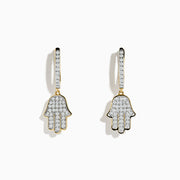 The Novelty 14K Yellow Gold Diamond Hamsa Earrings feature hoops with diamond-encrusted Hamsa hand charms, beautifully displayed on a plain white background.