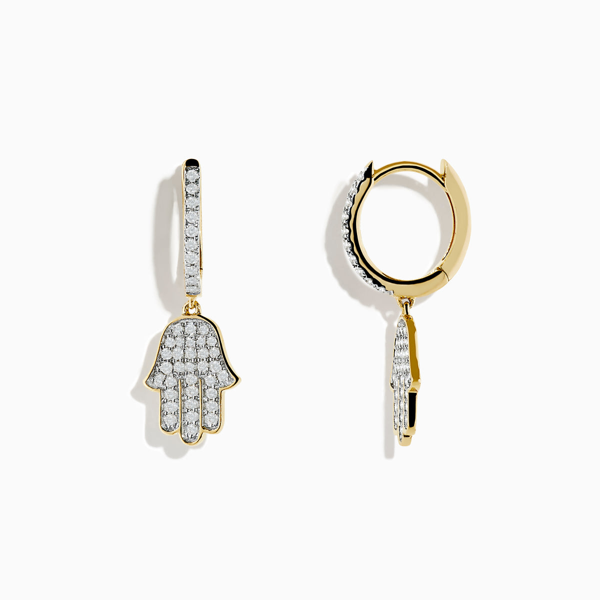 The Novelty 14K Yellow Gold Diamond Hamsa Earrings feature hoops with diamond-encrusted Hamsa hand charms, beautifully displayed on a plain white background.