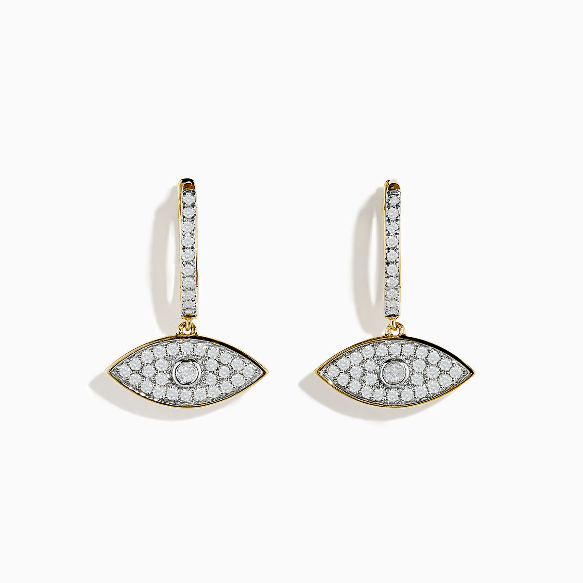 Novelty 14K Yellow Gold Diamond Evil Eye Earrings, featuring eye-shaped designs with sparkling diamonds and a bold circular center, are displayed against a white background.