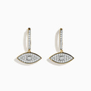 Novelty 14K Yellow Gold Diamond Evil Eye Earrings, featuring eye-shaped designs with sparkling diamonds and a bold circular center, are displayed against a white background.