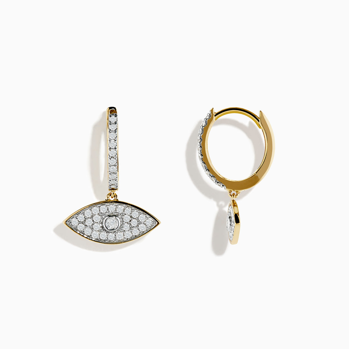 Novelty 14K Yellow Gold Diamond Evil Eye Earrings, featuring eye-shaped designs with sparkling diamonds and a bold circular center, are displayed against a white background.