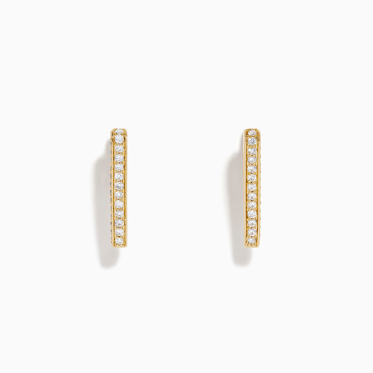 A pair of D'Oro 14K Yellow Gold Diamond Triangle Huggie Earrings are shown on a plain white background, each featuring a row of sparkling diamonds.