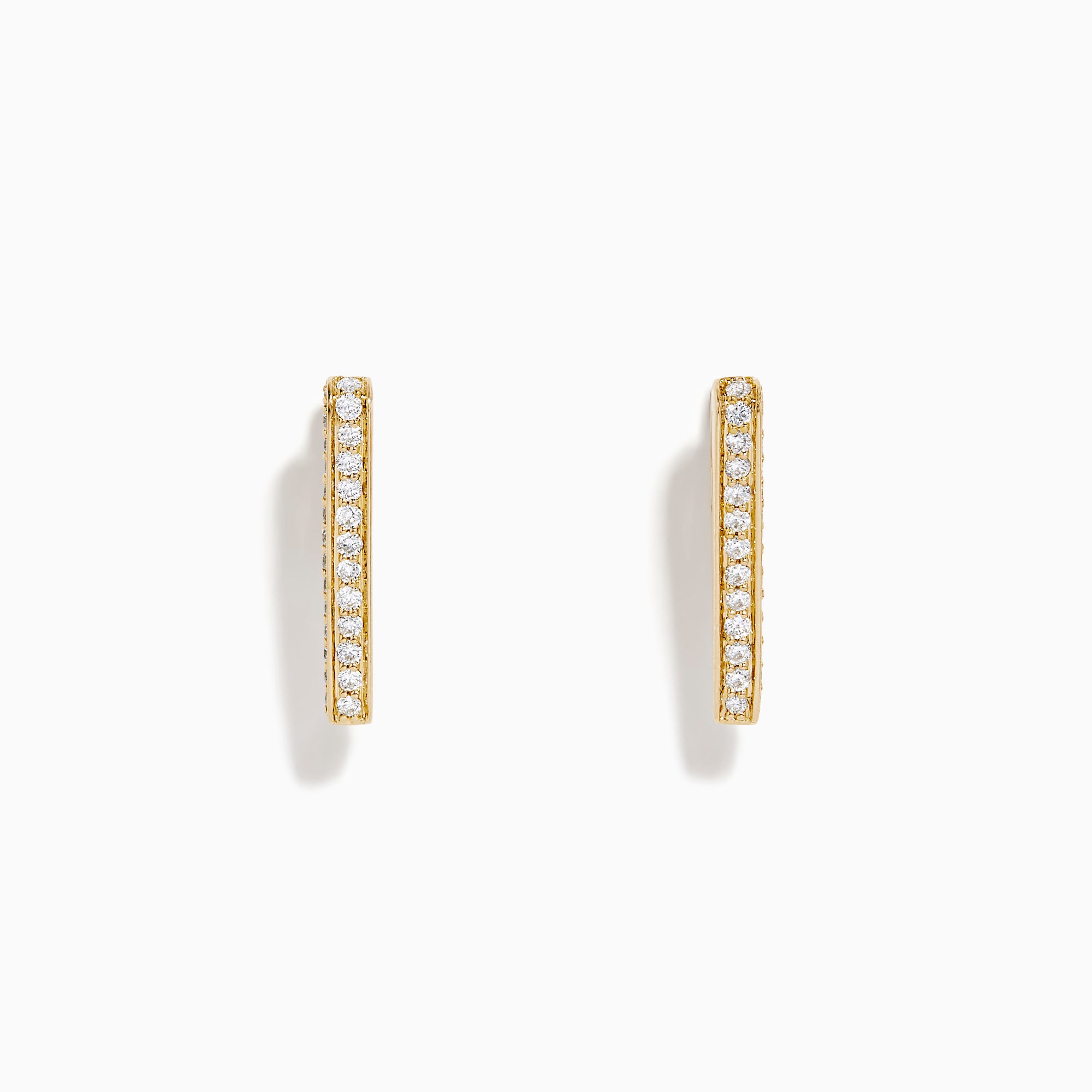 A pair of D'Oro 14K Yellow Gold Diamond Triangle Huggie Earrings are shown on a plain white background, each featuring a row of sparkling diamonds.