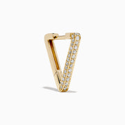 A pair of D'Oro 14K Yellow Gold Diamond Triangle Huggie Earrings are shown on a plain white background, each featuring a row of sparkling diamonds.