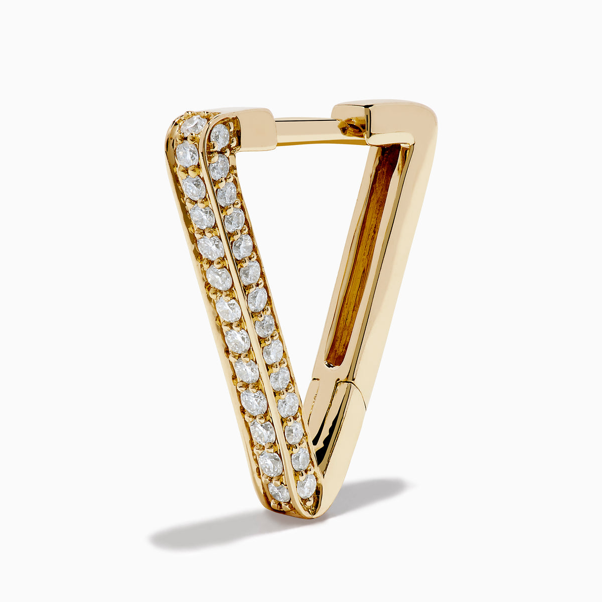 A pair of D'Oro 14K Yellow Gold Diamond Triangle Huggie Earrings are shown on a plain white background, each featuring a row of sparkling diamonds.